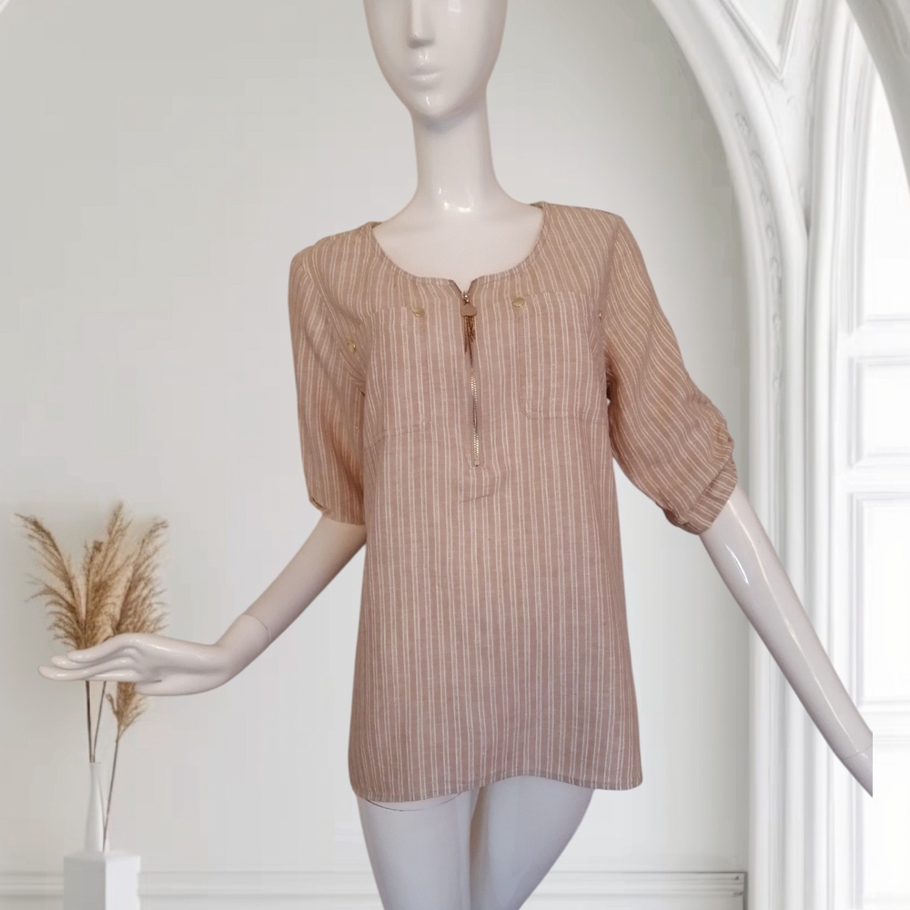 Anne Klein Tan Striped Puff-Sleeve Blouse